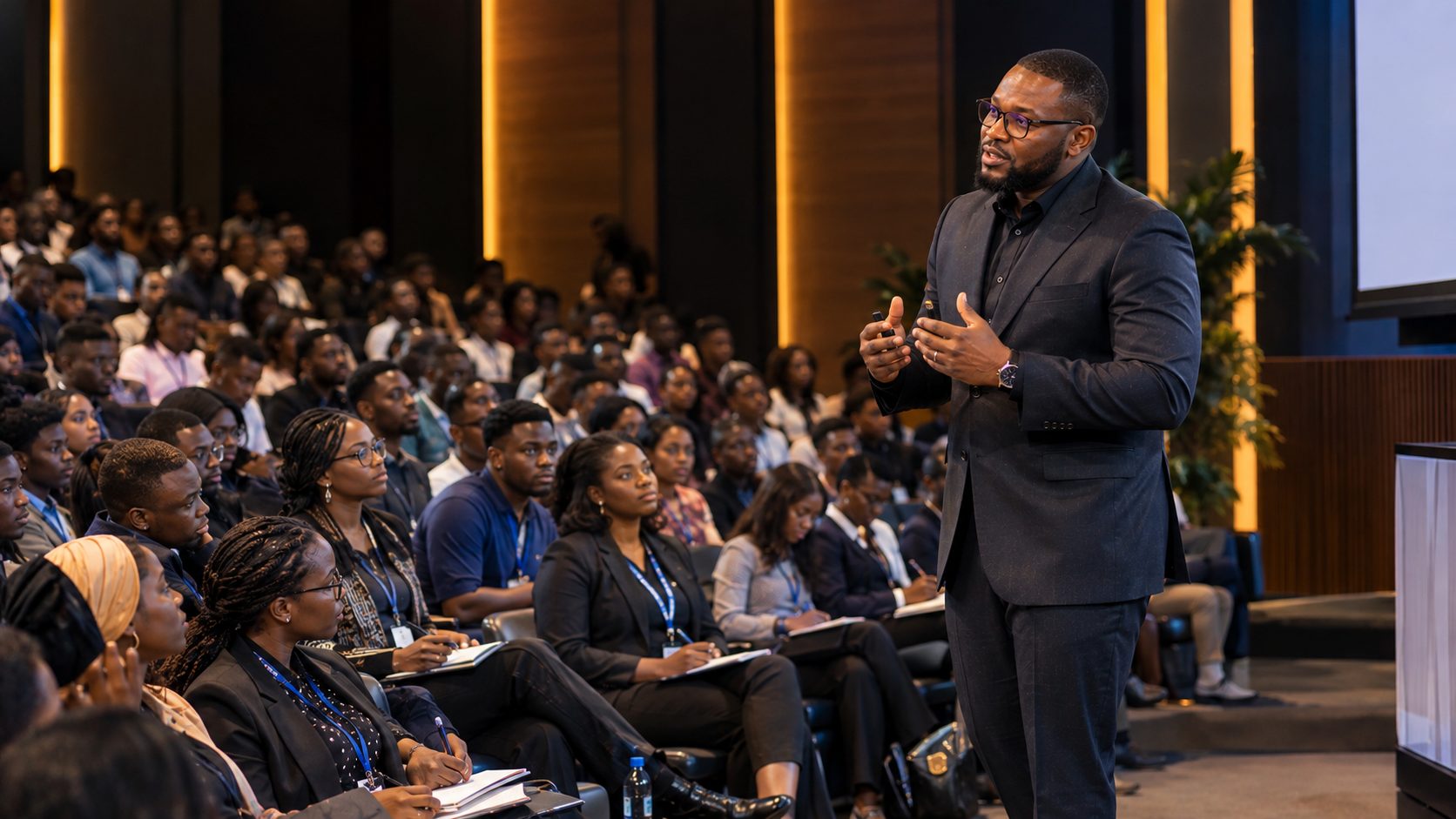 David Adetola speaking to a full auditorium